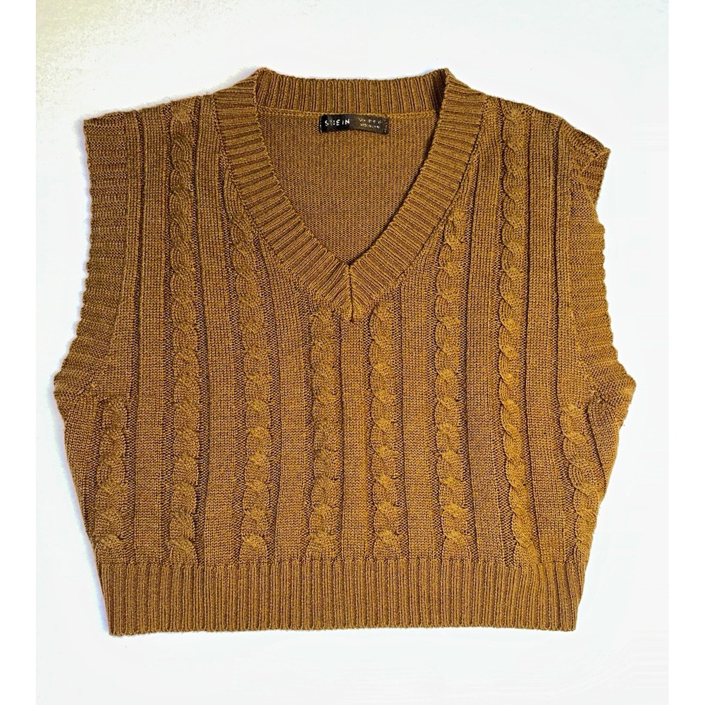 SHEIN Women Brown Cable Knit V-Neck Sleeveless Sweater Vest Size M
